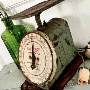 Vintage Blue Green Eveready Family Scale Kitchen Metal Chippy Farmhouse Shabby